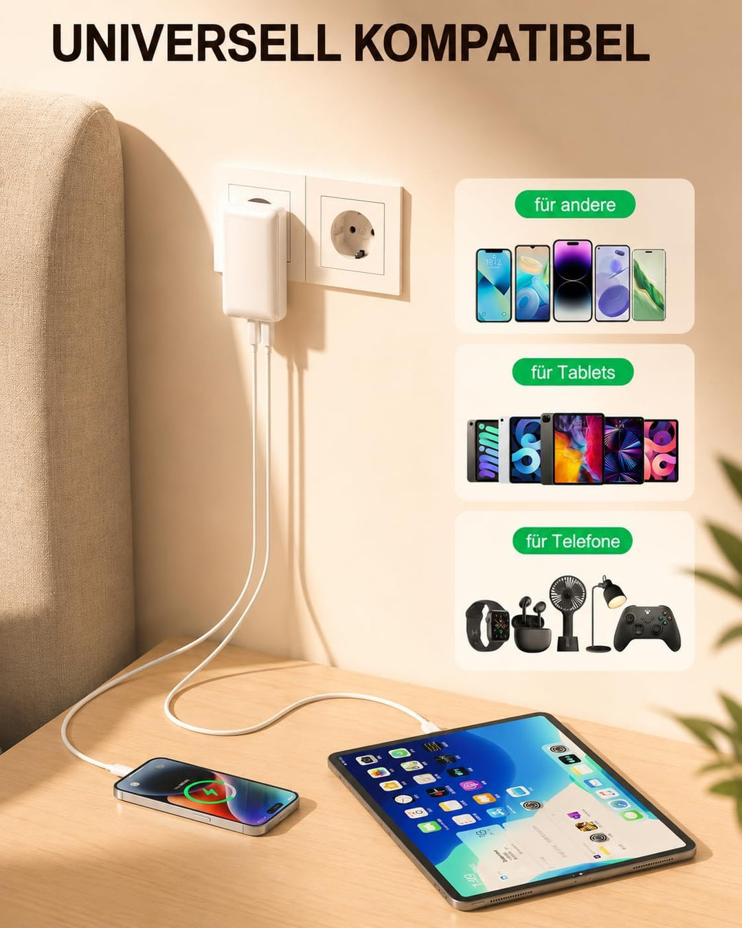 USB Ladegerät Flach,3 Ports USB C Stecker Abgewinkelt,Flaches Netzteil mit 20W PD Schnellladegerät,F