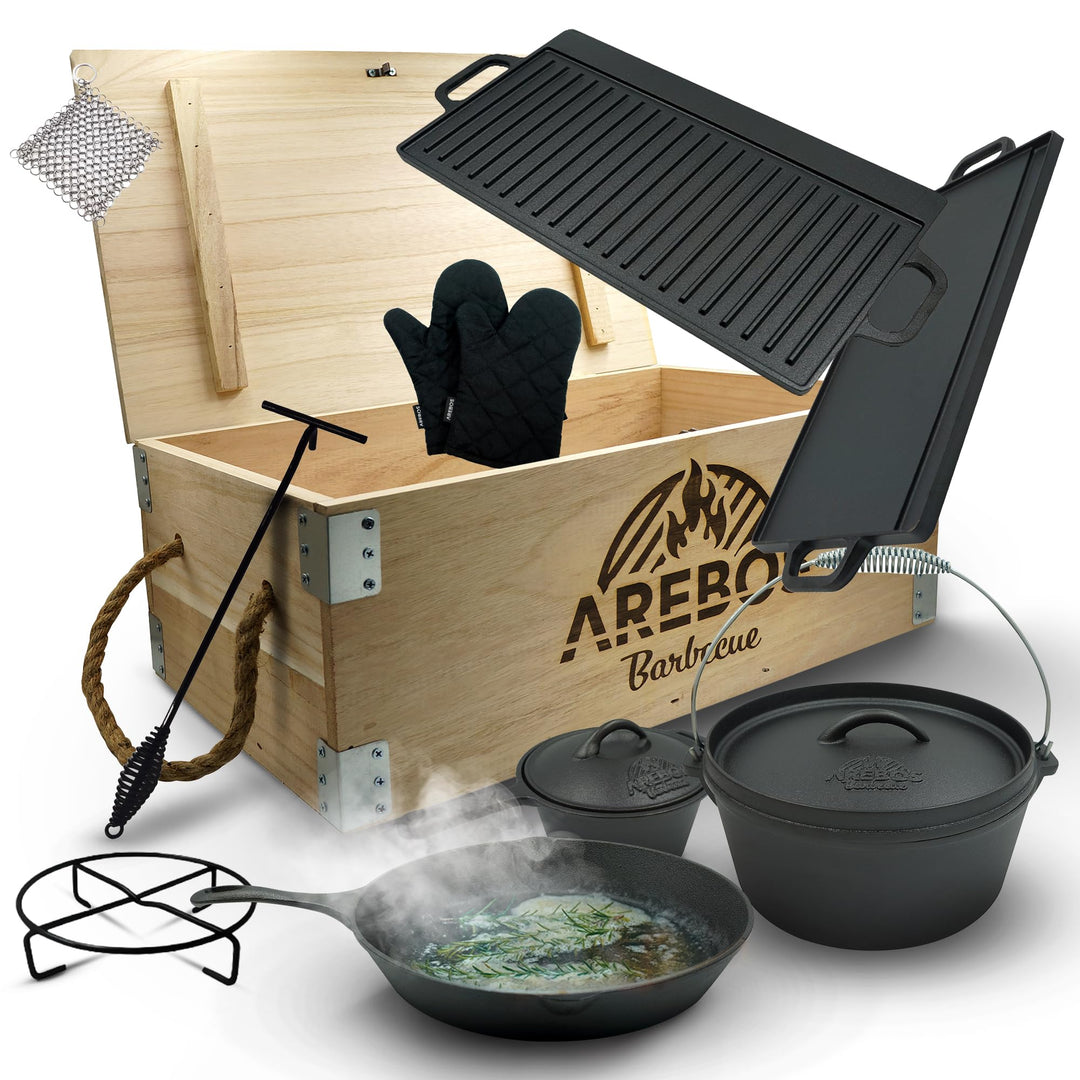 Arebos Dutch Oven Set 9-teilig | Gusseisen BBQ Set mit Grillplatte, Feuertopf, Pfanne, Deckelheber,