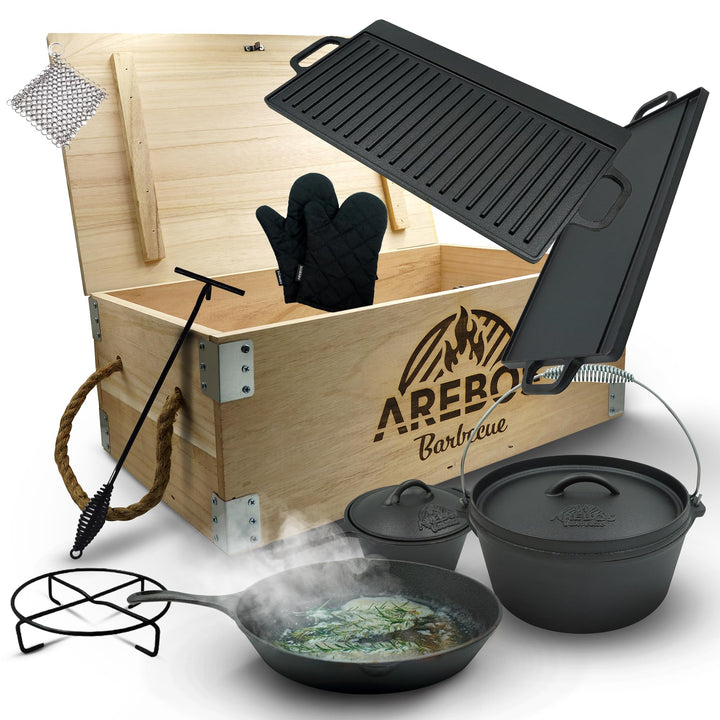 Arebos Dutch Oven Set 9-teilig | Gusseisen BBQ Set mit Grillplatte, Feuertopf, Pfanne, Deckelheber,