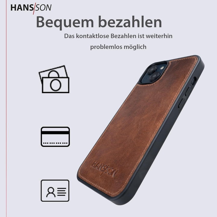 HANS/SON Echtlederhülle in Cognac | iPhone 14 | Schmales Ledercase | Stossfest | Langlebig | 6,1 Zol