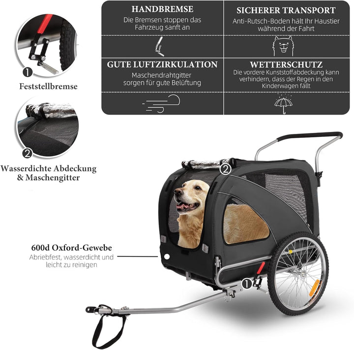 XL Hundeanhänger Fahrrad &amp; Jogger 2-in-1 mit Handbremse und Reflektoren, stabiles 600D Oxford-Gewebe