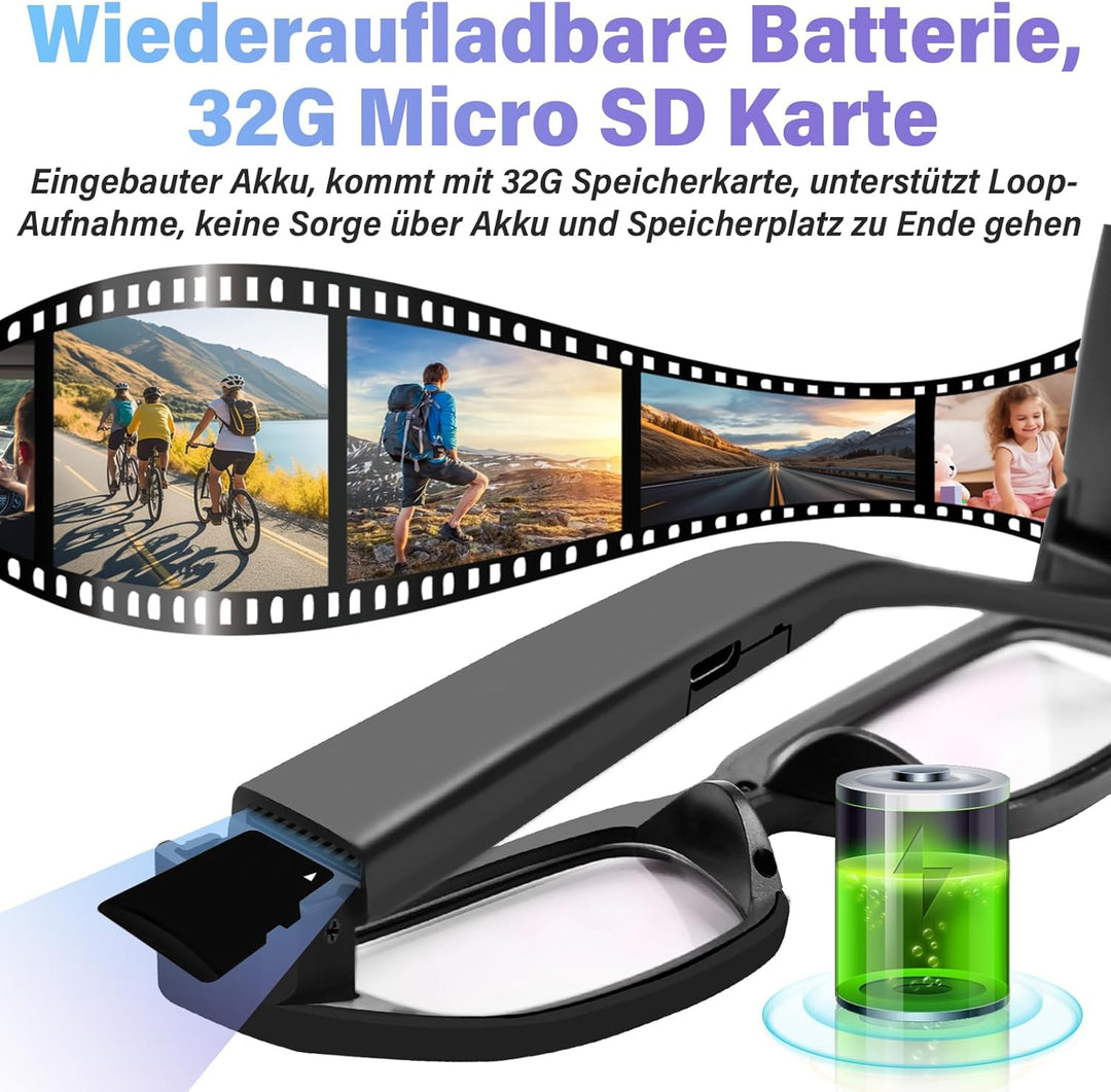 Mini Kamera 32GB, Brille Sportkamera Action Cam, Kleine Brille Videokamera 1080P HD, Tragbare Action
