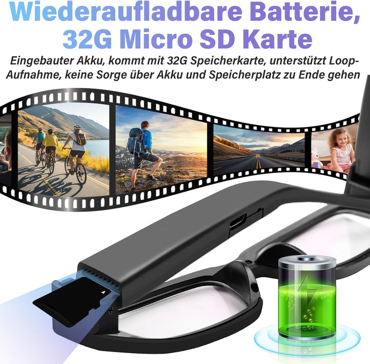 Mini Kamera 32GB, Brille Sportkamera Action Cam, Kleine Brille Videokamera 1080P HD, Tragbare Action