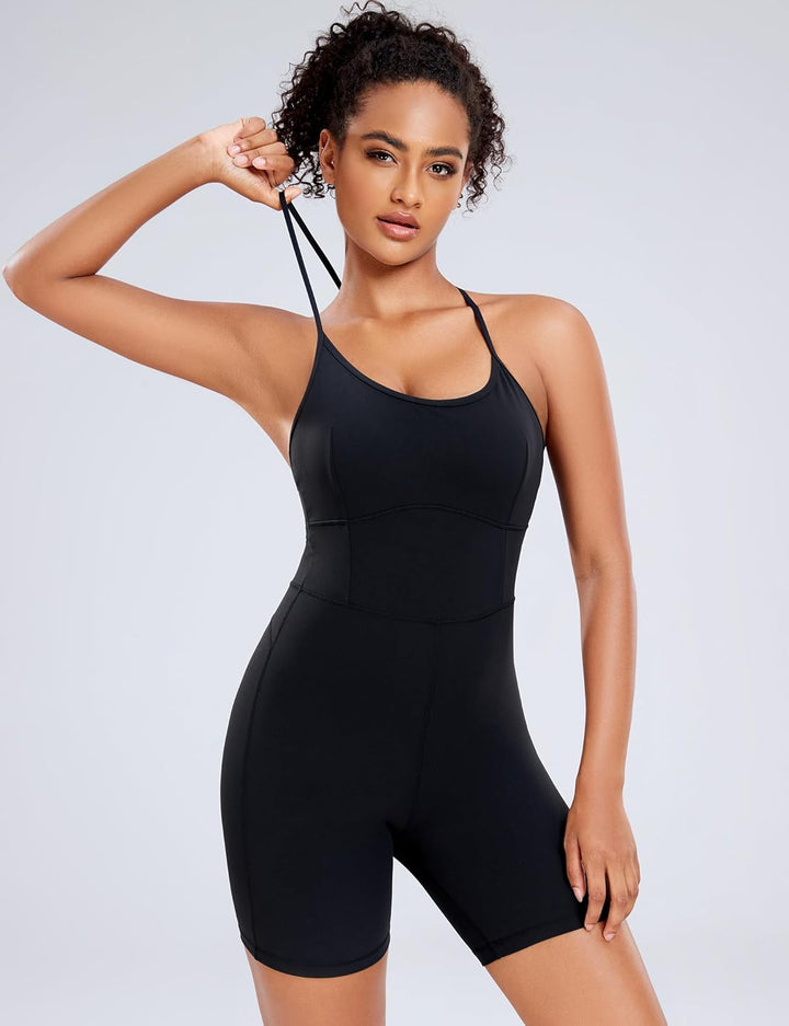 Damen Workout Spaghetti-Träger Rompers Shorts Bauchkontrolle Einteiler Jumpsuit, XS Schwarz