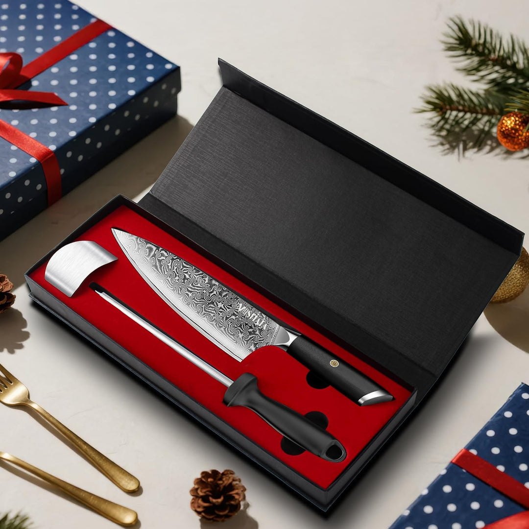 MOSFiATA Damastmesser 8 Zoll, Küchenmesser Damaststahl Kochmesser Damast Scharf Chef Knife Profi Fle
