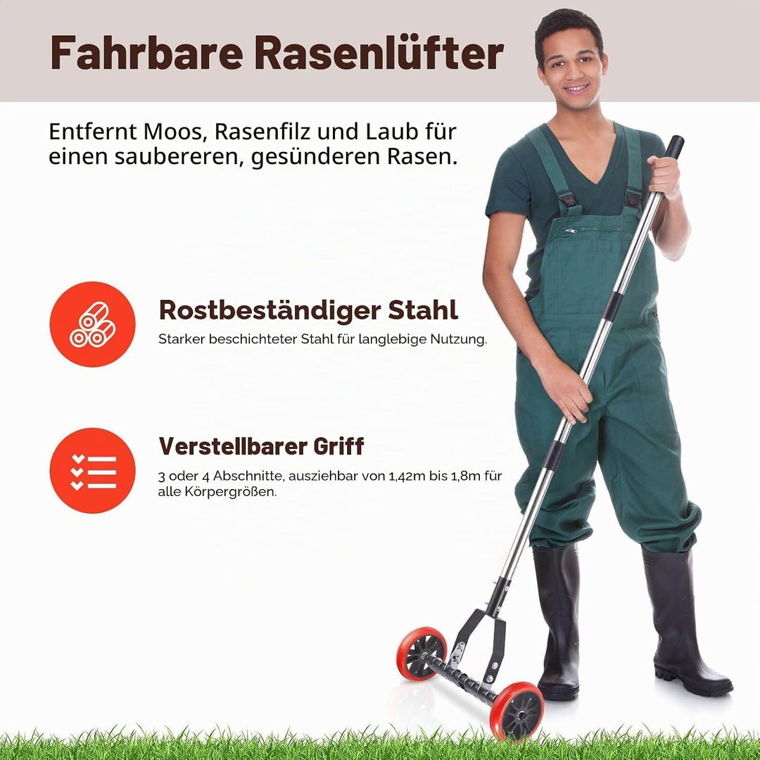 Hand-Vertikutierer mit 40 cm Arbeitsbreite, 12 Edelstahlmessern, Vertikutierer mit leichtlaufenden R