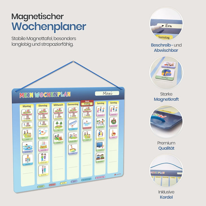 LIKARTO Wochenplaner für Kinder - Montessori Magnettafel inkl. 198 Magnete & Kordel - Komplett besch