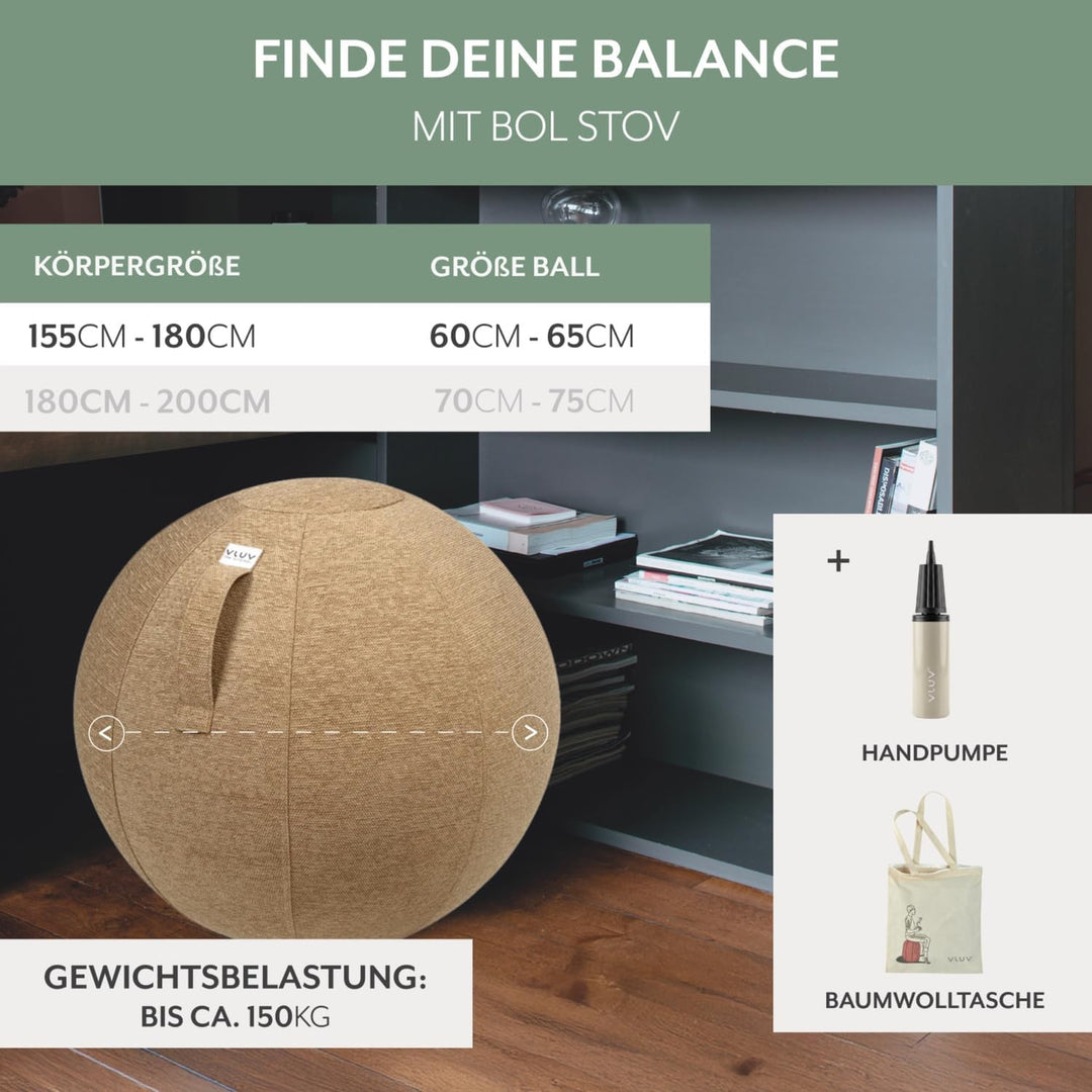 VLUV® BOL STOV Sitzball Büro Ergonomisch [Atmungsaktiv mit Tragegriff und Wegrollschutz] Waschbarer