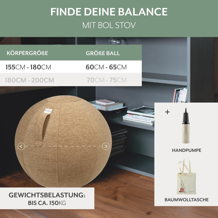 VLUV® BOL STOV Sitzball Büro Ergonomisch [Atmungsaktiv mit Tragegriff und Wegrollschutz] Waschbarer