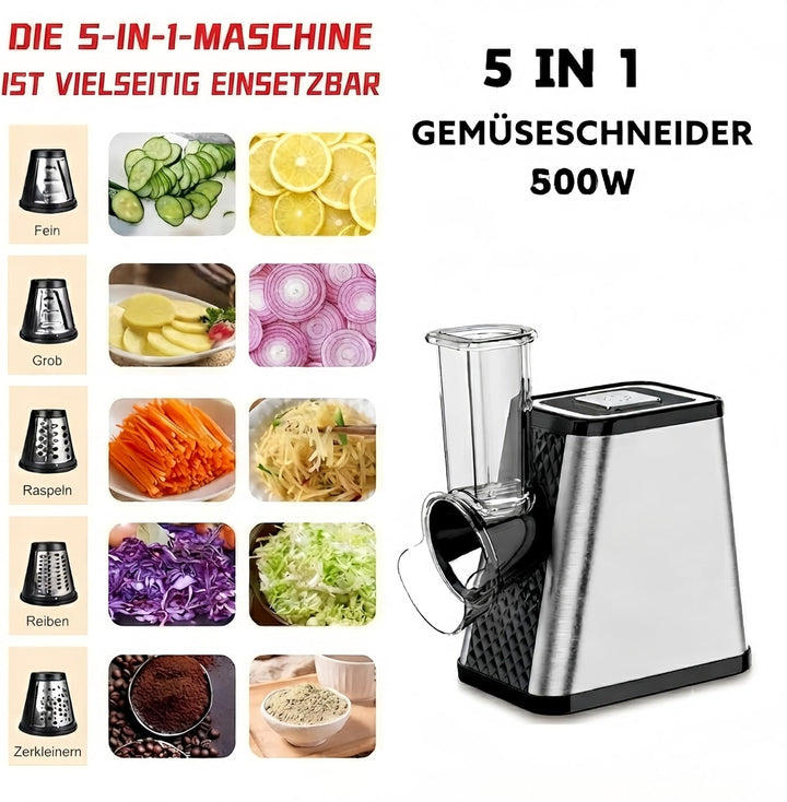 Elektrischer Gemüsehobel 500W, 5-in-1 Multifunktionaler Gemüseschneider mit 5 austauschbaren Klingen