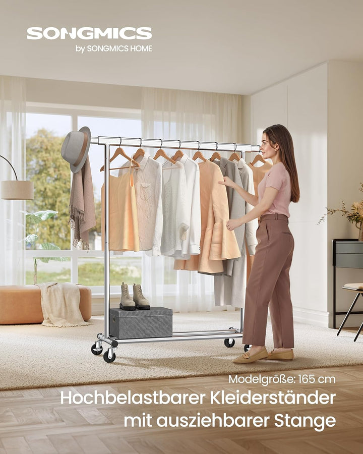 SONGMICS Schwerlast-Kleiderständer, Kleiderstange auf Rollen, bis 90 kg belastbar, mit ausziehbarer
