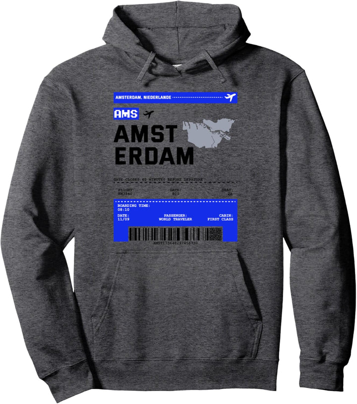 Bordkarte Flugticket AMS Amsterdam Flughafen Passagier Flug Pullover Hoodie