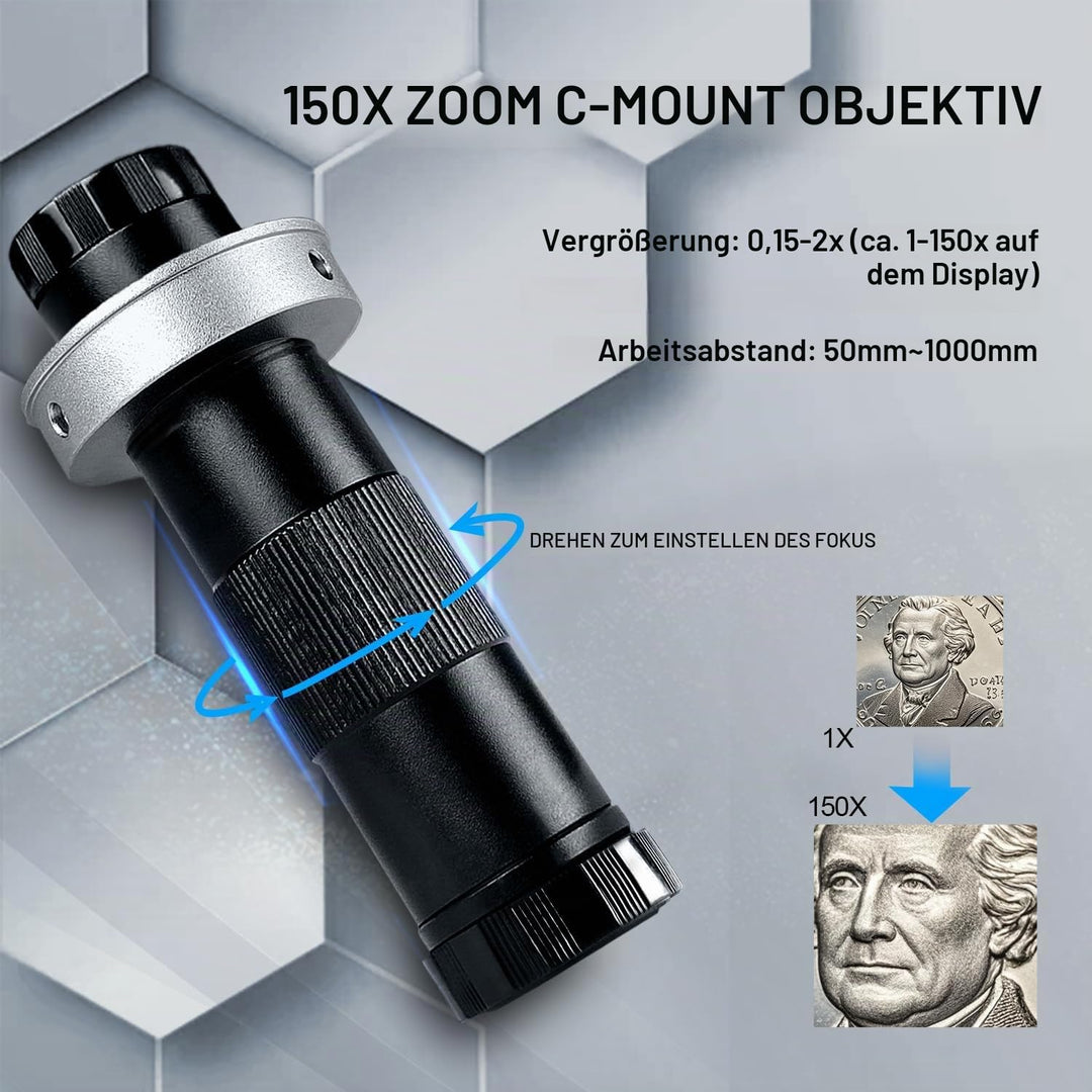 Digital Mikroskop, 48 Megapixel 1080P Industrie Mikroskop mit Metallfuss, HDMI/USB, 150X HD Objektiv
