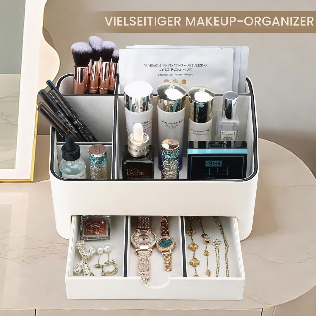 KINGFOM Make-up-Organizer mit Schublade, kompakte Beauty-Aufbewahrung für Schminktisch, PU-Leder Hau
