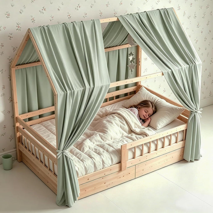 Hausbett Himmel, Betthimmel Hausbett Musselin mit 2 Stück Betthimmel, Stoffhimmel, Baldachin Kinderz