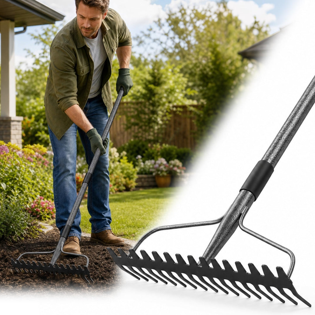 Garten Rechen, Metallharke mit 17 Zinken, Hochleistungs-Gartenharke 4 FT mit Edelstahlgriff, grau, 4