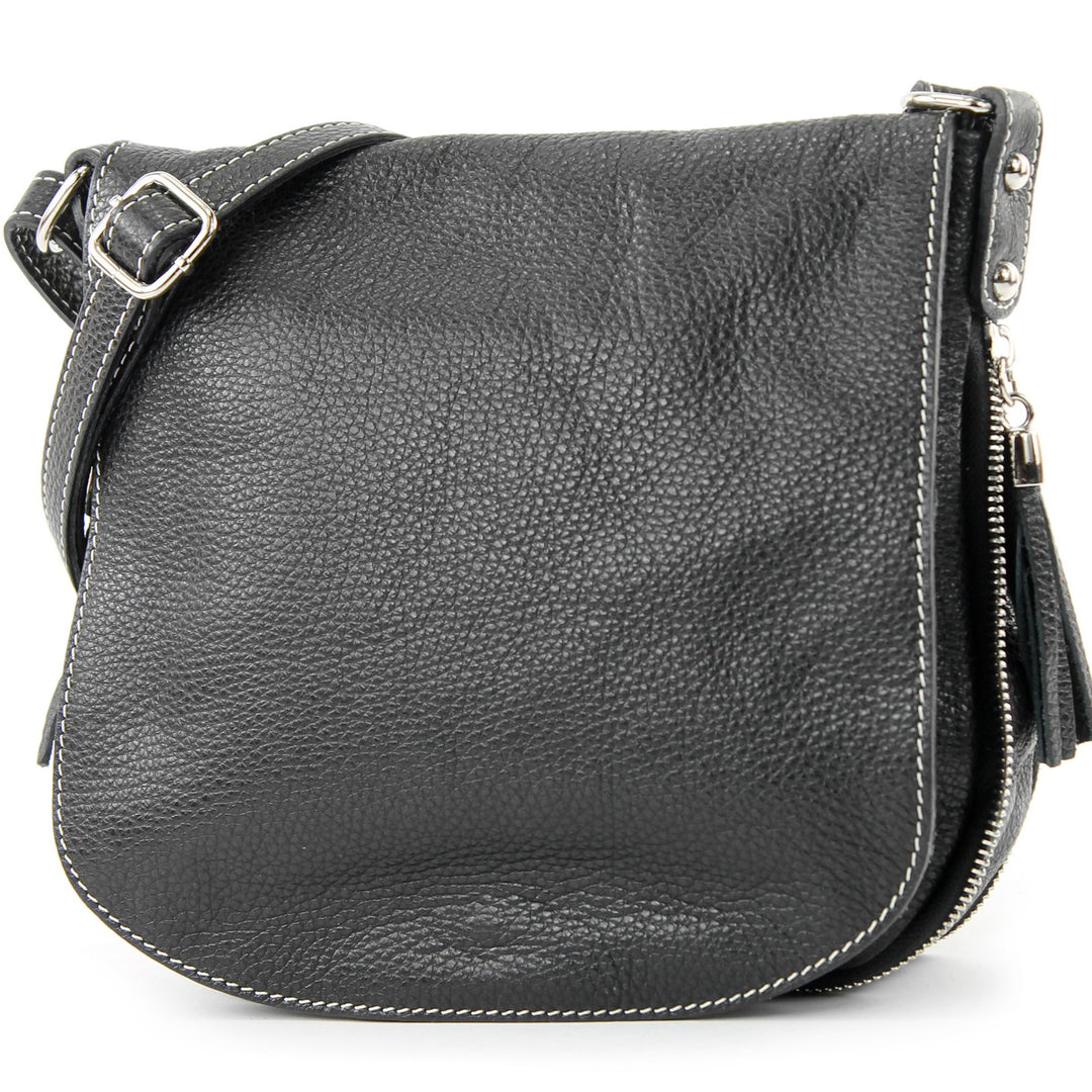 modamoda de - T06 - ital Messenger Umhängetasche aus Leder Schwarz, Schwarz