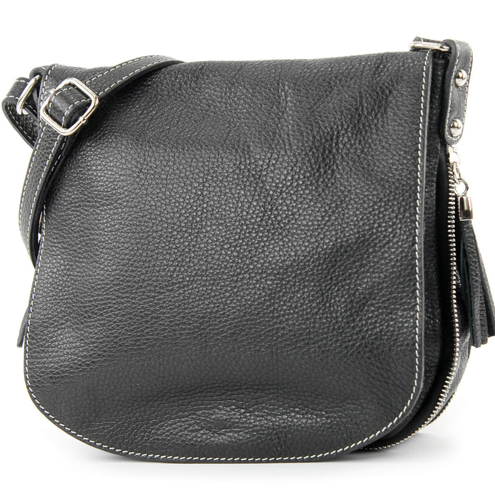 modamoda de - T06 - ital Messenger Umhängetasche aus Leder Schwarz, Schwarz