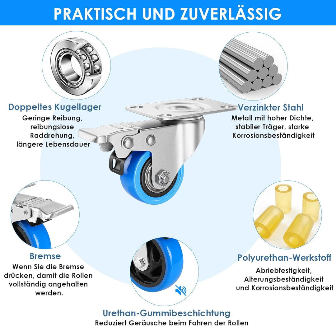 Asibaade 4PCS Lenkrollen 50mm Transportrollen Möbelrollen mit Bremsem 360° Drehung bis 200KG Tragbar