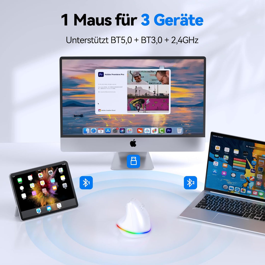 TECKNET Vertikale Ergonomische Kabellos Maus, 2,4 GHz + Bluetooth, Wiederaufladbar Maus mit 4800 DPI