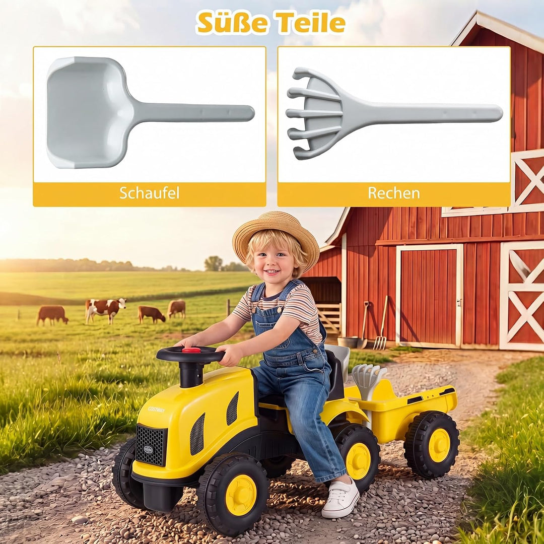 COSTWAY Kindertraktor mit Anhänger, 2-in-1 Rutschfahrzeug (Gelb), Gelb