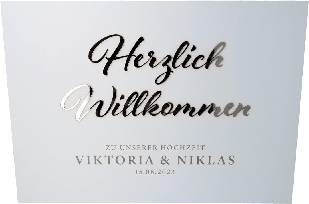 Goodtimes Willkommensschild Hochzeit mit persönlichen Namen & Datum 70x50 Silber