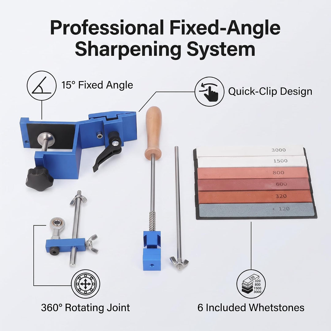 Professionelles Messerschärfer Kit mit festem 15° Winkel, 6 Premium Wetzsteine aus Aluminium-Legieru
