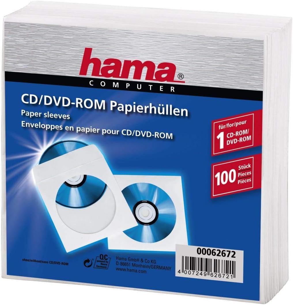 Hama CD-/DVD-/Blu-ray Papierhüllen (mit transparentem Sichtfenster, verschliessbar) 100er-Pack, weis