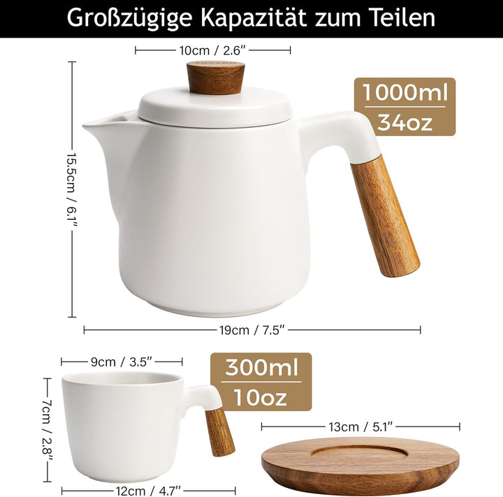 MIAMIO - 1 Liter Keramik-Teekanne-Set mit Siebeinsatz und Tassen/Teesieb, 4 Keramik-Teetassen (300 m