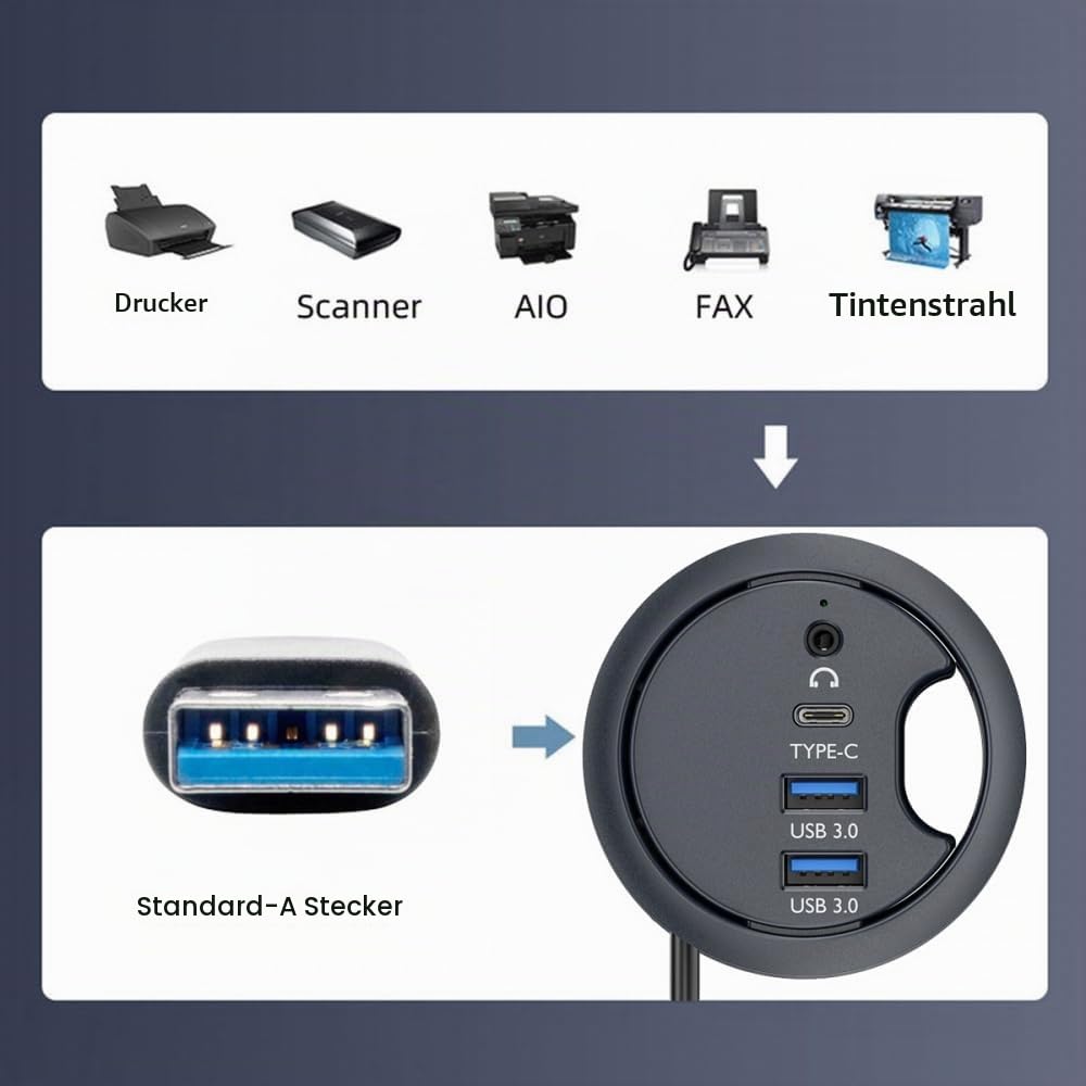 CY USB 3.0-Hub, Soundkarte, USB-C, 2 Anschlüsse, USB, 60 mm, Tischtülle, Splitter, Dockstation, Kopf