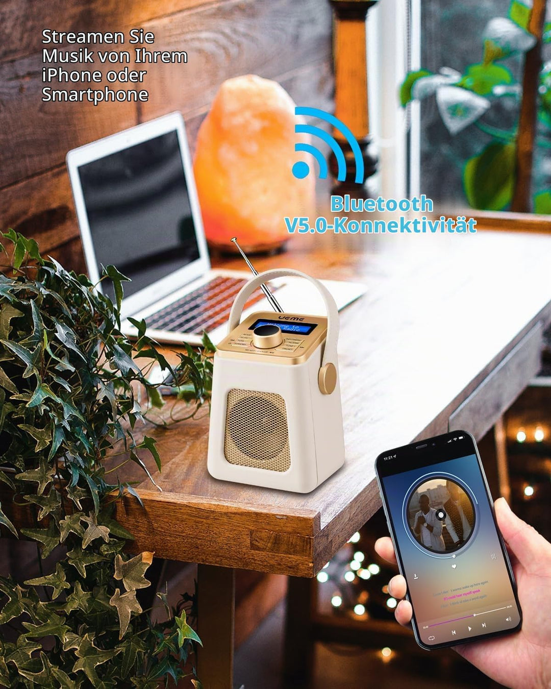 Mini DAB+ DAB Digitalradio und UKW Radio mit Bluetooth Lautsprecher, Radiowecker, und Leder Verkleid
