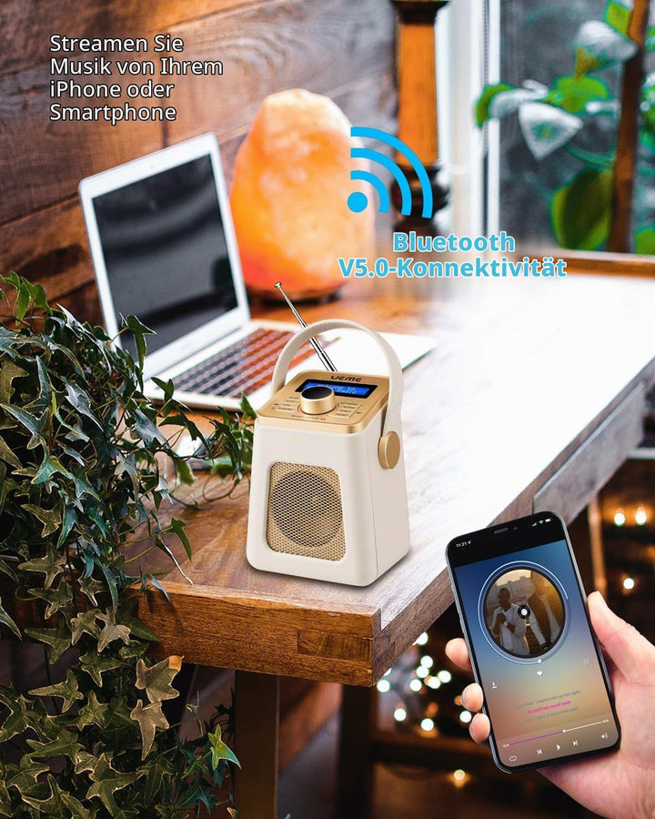 Mini DAB+ DAB Digitalradio und UKW Radio mit Bluetooth Lautsprecher, Radiowecker, und Leder Verkleid