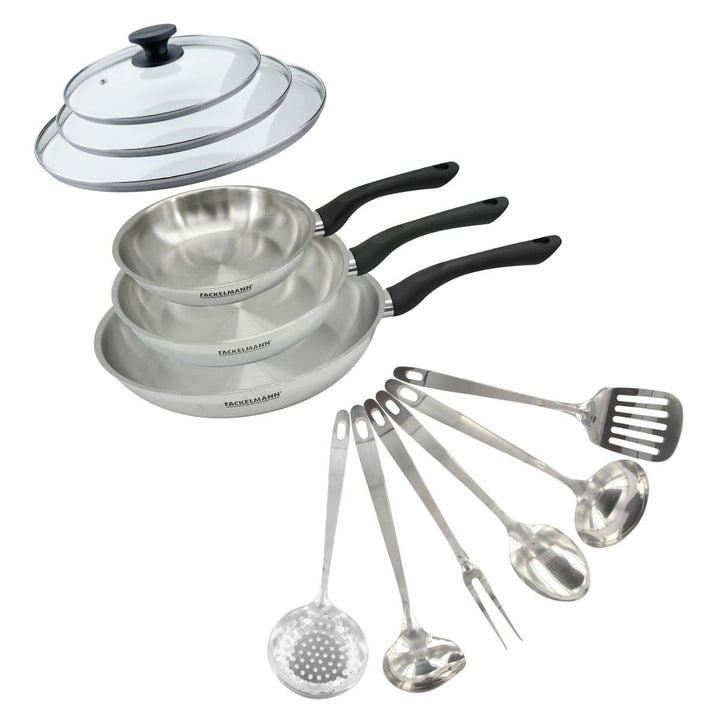 Fackelmann 9445950 Pfannen-Set, 3 Pfannen 20, 24 und 28 cm, aus Edelstahl 18/8, 2 Glasdeckel und 6 K