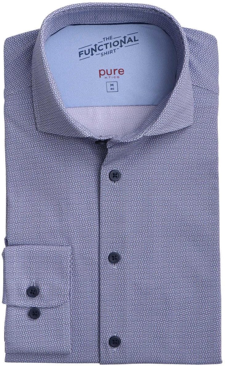Pure Slim Fit Functional Hemd Langarm Haifischkragen Stretch Muster blau Grösse 37