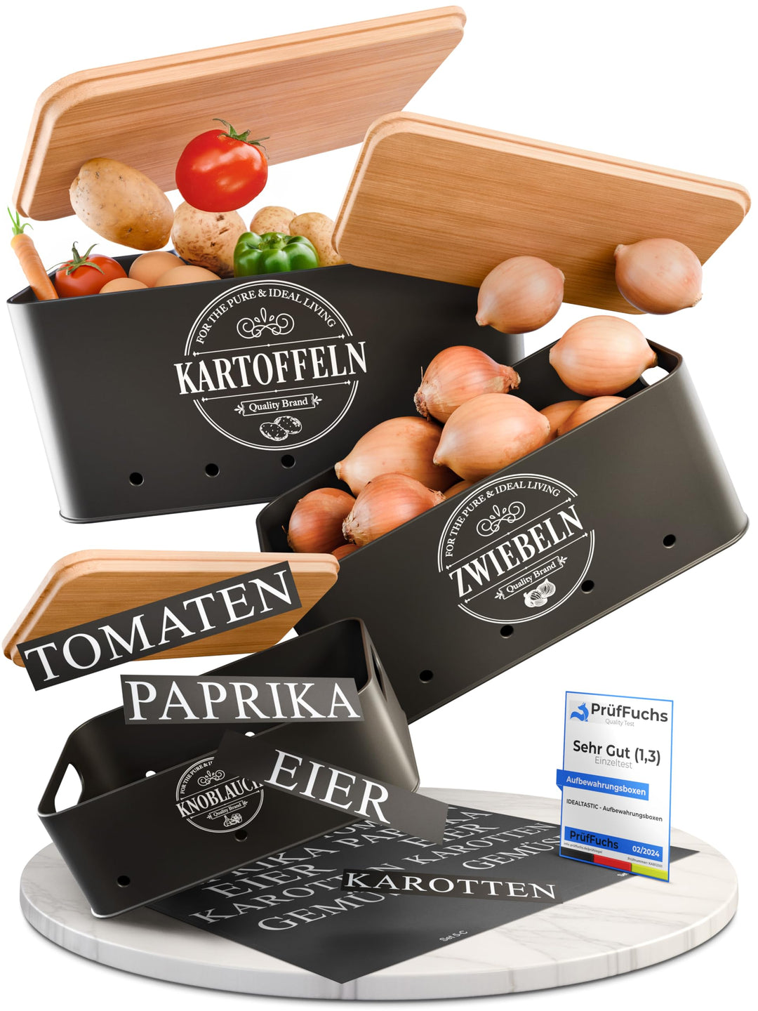 IDEALTASTIC® Premium Kartoffel Aufbewahrungsbox [3 Stück] I Vielseitiges Kartoffeltopf Set mit 360°