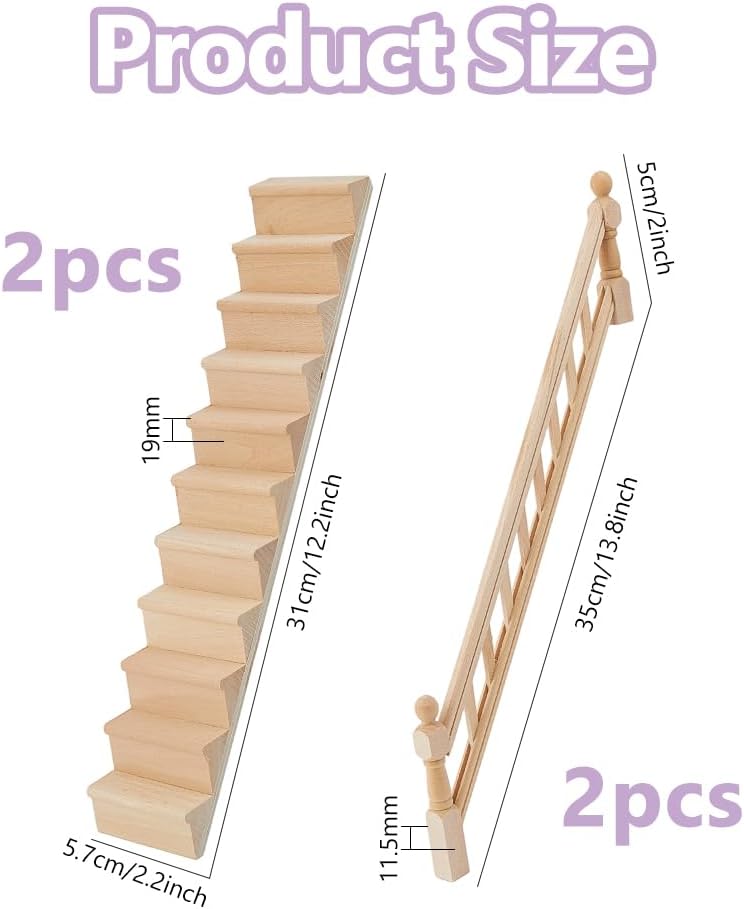 DICOSMETIC 2 Pcs Miniatur Puppenhaus Treppe 1:12 Massstab Holztreppe Miniatur Deko Mit Einfachem Rec
