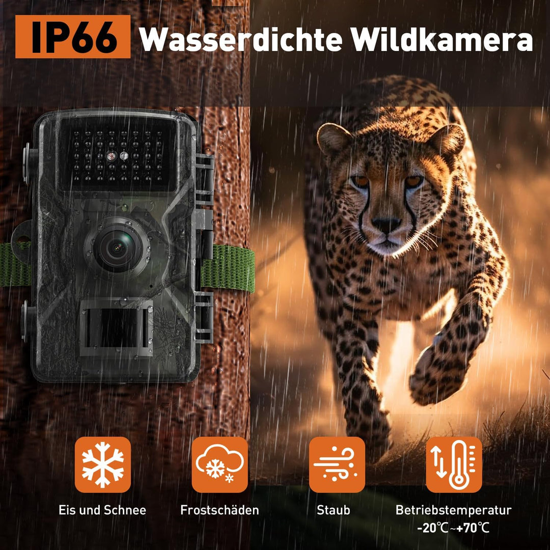 Wildkamera, 60MP 4K Video Wildtierkamera, 0,1 Sekunden ausgelöste IP66 wasserdichte Wildkamera mit N