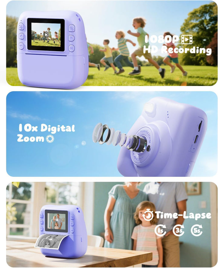 CAMCLID Kinderkamera Sofortbildkamera, 1080P Sofortbildkamera Kinder mit 32GB Karte & 3 Rollen Druck