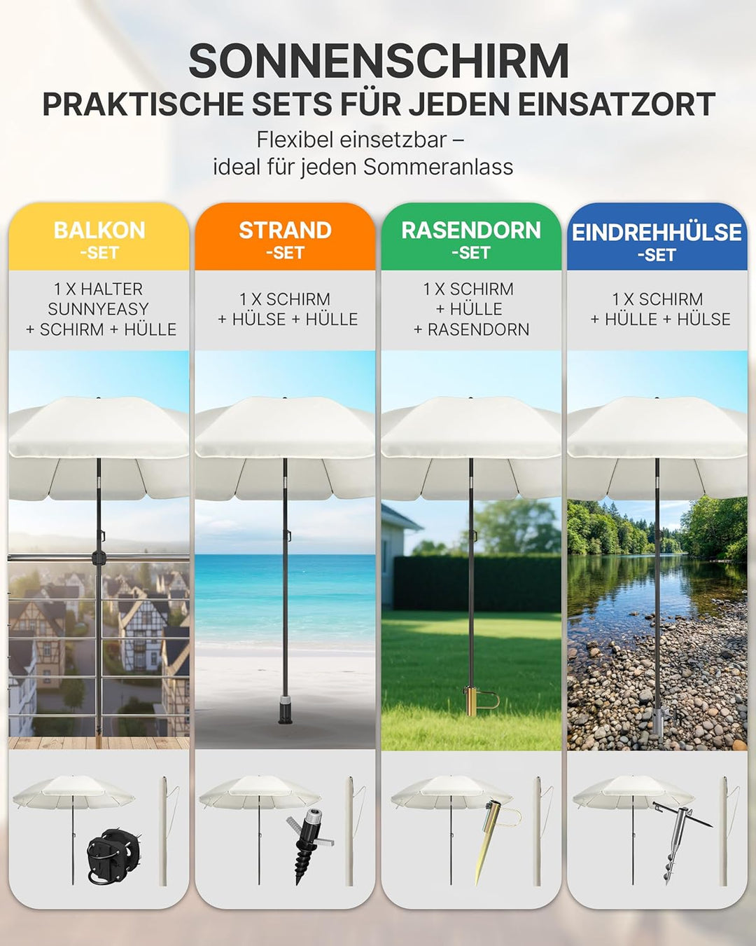 4smile Sonnenschirm Balkon Ø 160 cm SunnyJoy, Beige - UPF 50+ Strandschirm, sicherer Sonnenschirm St