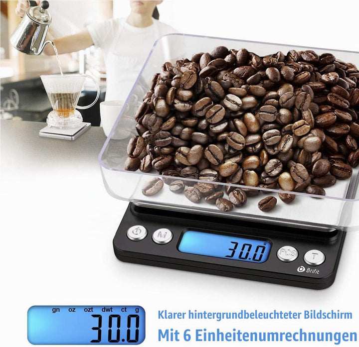 AMIR Digitale Küchenwaage 3kg, Electronische Waage, Hohe Präzision auf bis zu 0,1g, Briefwaage mit T