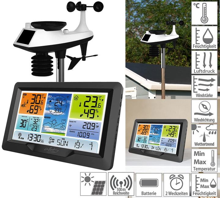 infactory Grosse Wetterstation XXL: Funk-Wetterstation mit XL-Farbdisplay, Aussensensor und Wecker (