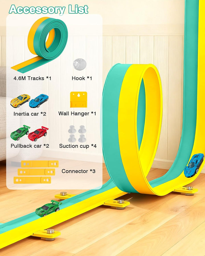 Flexible Autorennbahn Kinder 3 4 5 6 Jahre, 4.6M Auto Rennbahn mit 4 Spielzeugautos, Rennbahn Rennst