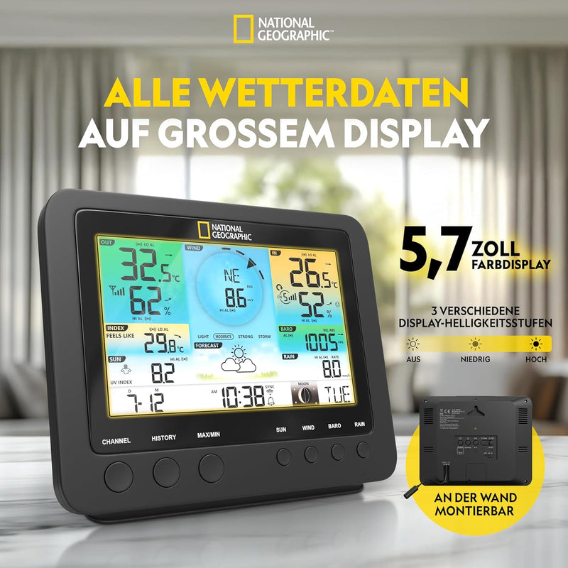 National Geographic Wetterstation Funk mit Aussensensor WLAN Farbwettercenter mit 7-in-1 Profi-Senso