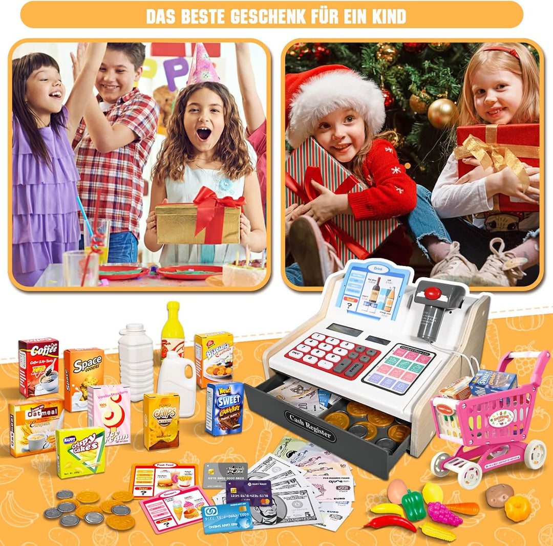 Kasse Kinder Holz mit Scanner und Sound, Spielkasse Kinder Set für Jungen Mädchen ab 3-6 Jahren, Ele