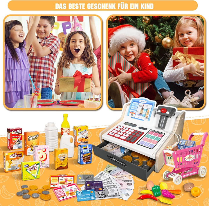 Kasse Kinder Holz mit Scanner und Sound, Spielkasse Kinder Set für Jungen Mädchen ab 3-6 Jahren, Ele