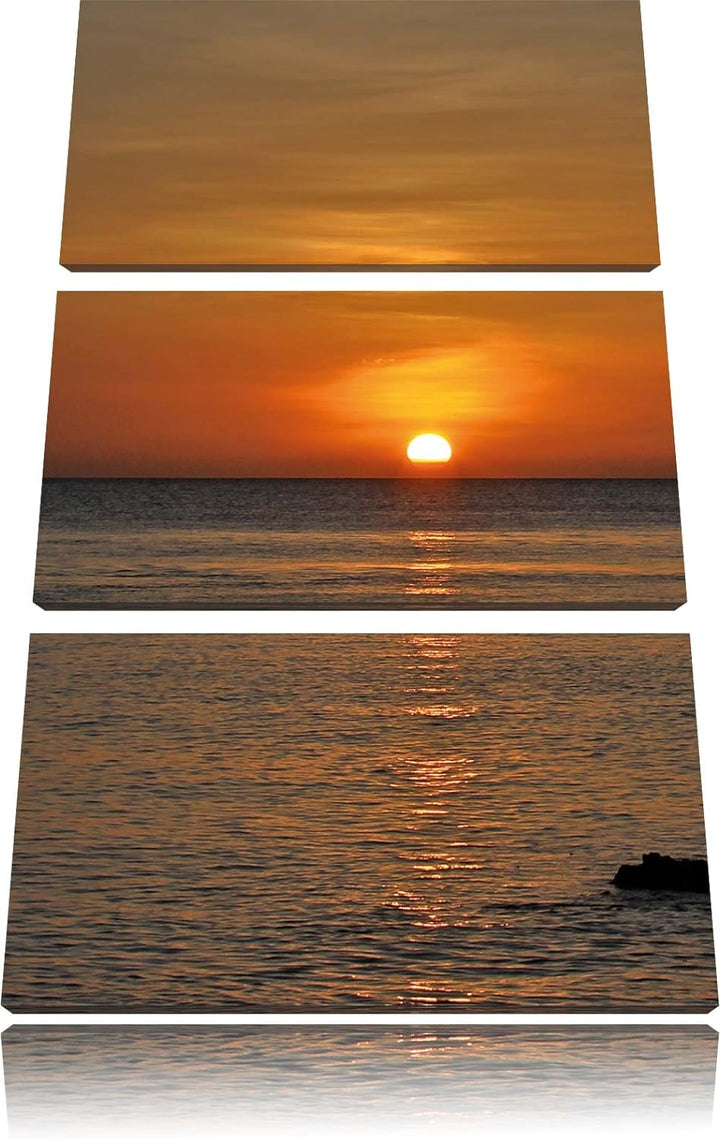 Pixxprint Sonnenuntergang am Meer 3-Teiler Leinwandbild 120x80 Bild auf Leinwand