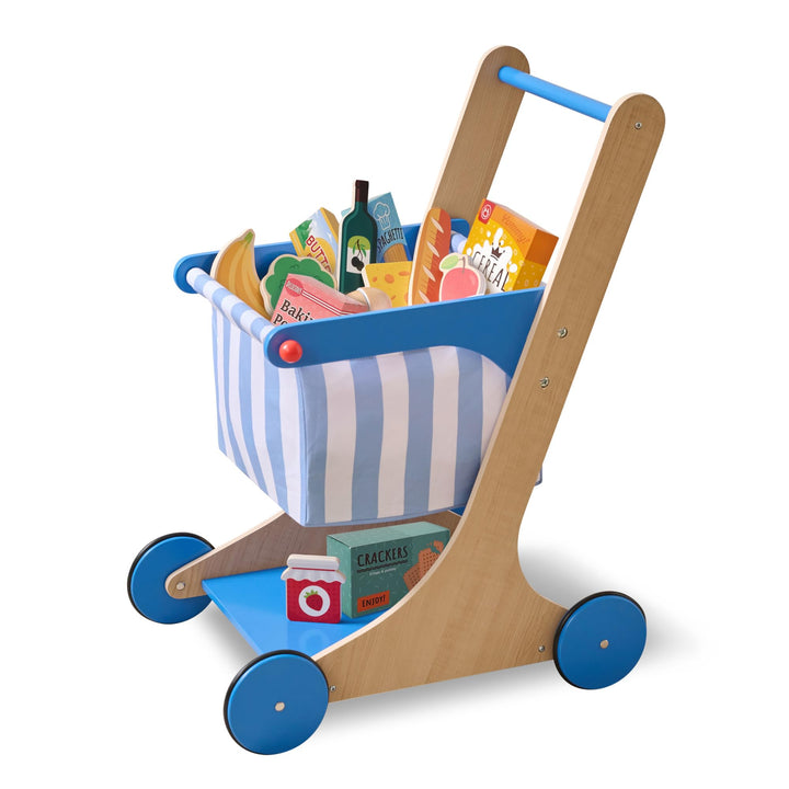 Teamson Kids Holz Einkaufswagen Spielzeug für Kinder mit Zubehör in Blau, Rollenspiel-Laden aus Holz