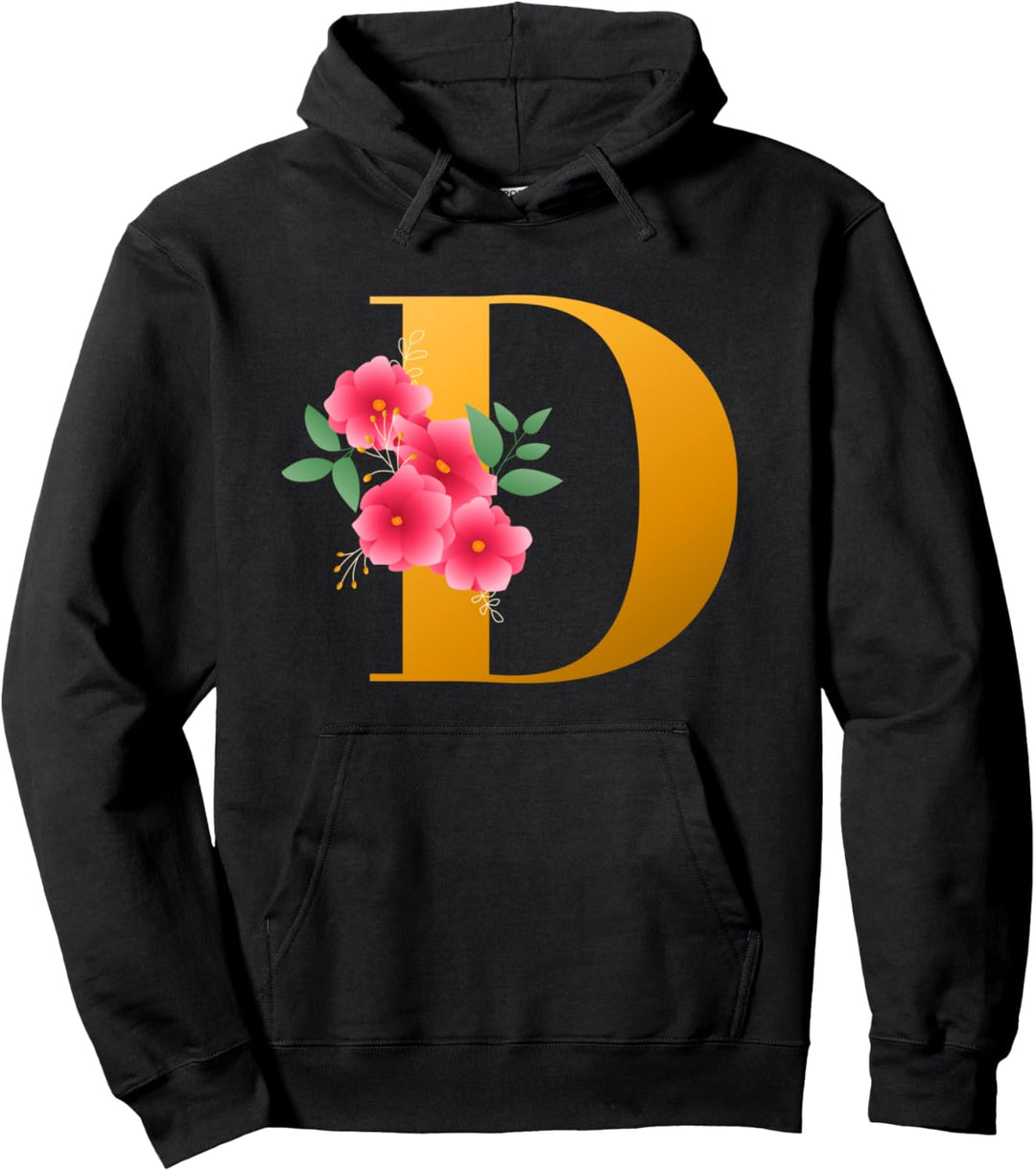 Cool Floral Alphabet Cute Initial Monogram Letter D Graphic Pullover Hoodie