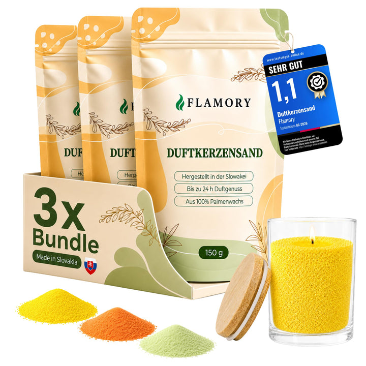 Kerzensand mit Duft Starter Set 3x150g inkl. Glas & Deckel – [Orange/Citronella/Verbena] – 9 Dochte