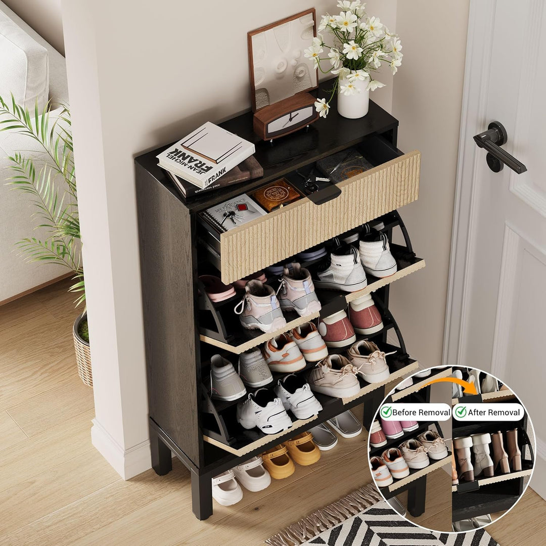 Litake Schuhkipper mit 2 Klappen, Schuhschrank Schuhkommode Schuhregal Schmal mit 4 Ablageflächen BB
